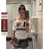 显瘦上衣百搭款 F383 T恤女夏季 辣妹修身 美式 字母小狗印花斜肩短袖