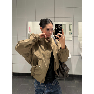 F383 美式复古立领飞行员翻领短款夹克女设计感宽松休闲风衣外套