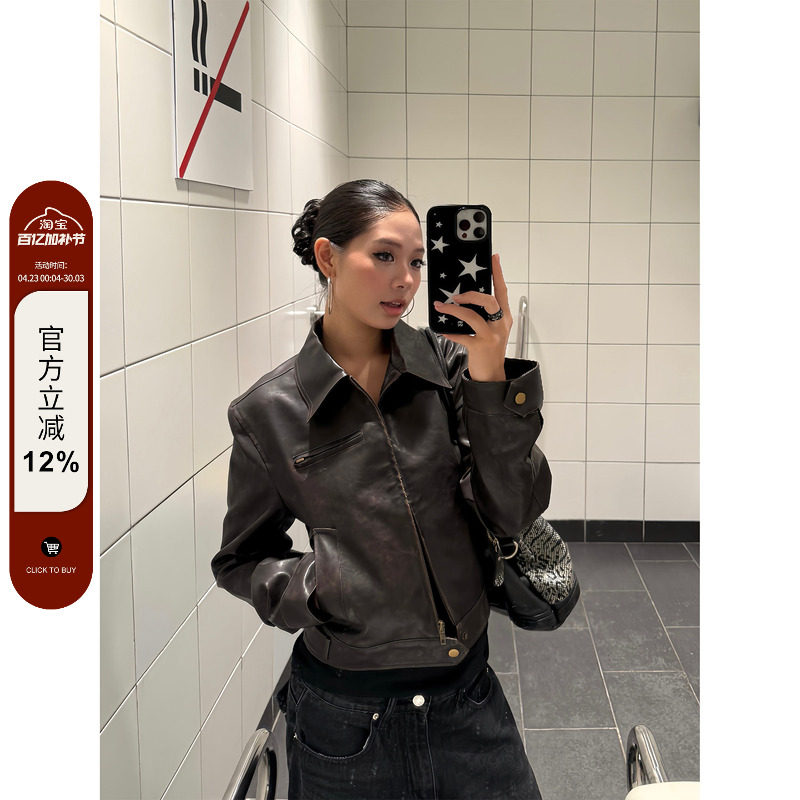 F383美式复古短款翻领皮衣外套女早秋修身PU复古机车夹克上衣ins