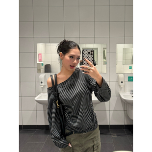 t恤女皱褶收腰显瘦露肩上衣 复古辣妹条纹设计感斜领长袖 F383 美式