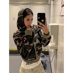 F383 2025美式复古慵懒撞色迷彩开衫连帽卫衣宽松显瘦短款外套女