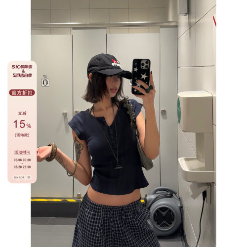F383美式复古圆领半排扣短袖T恤