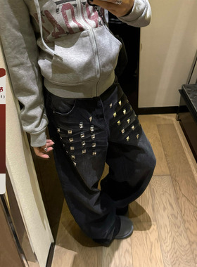 F383 美式复古水洗铆钉阔腿牛仔裤男女宽松休闲百搭潮流拖地长裤