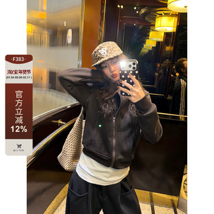 F383 美式复古基础款连帽加绒开衫短款卫衣女秋冬休闲百搭短外套