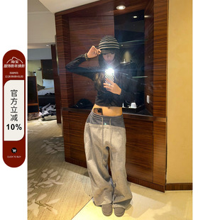 女宽松显瘦百搭垂感长裤 复古设计感拼接格子阔腿休闲裤 美式 F383