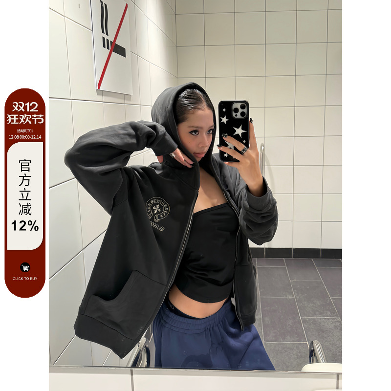 F383哥特风连帽开衫印花卫衣