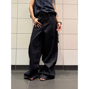 F383 美式复古宽松牛仔裤阔腿原牛弯刀廓形长裤男女百搭拖地裤潮