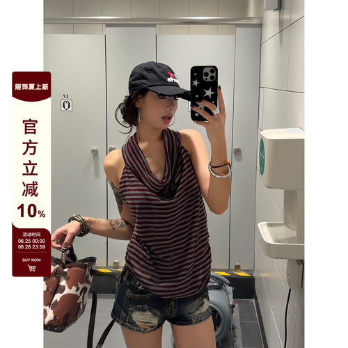 【F383】红色条纹挂脖吊带背心