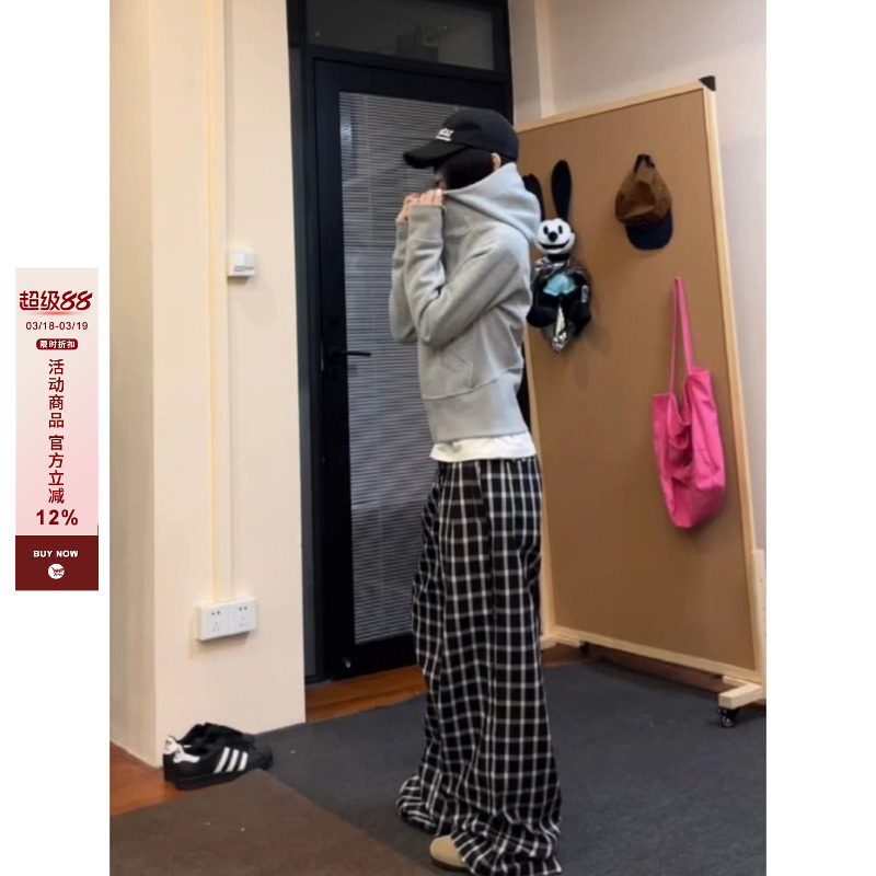 F383 2026复古格子休闲裤宽松慵懒风阔腿直筒拖地裤赵露思同款