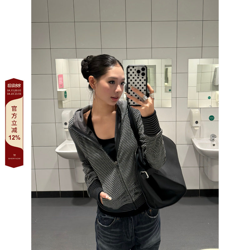 F383 美式复古条纹休闲慵懒风连帽卫衣长袖开衫外套女修身显瘦ins