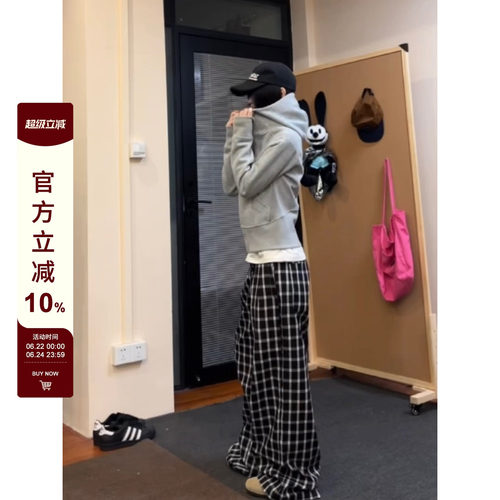 中高腰复古格子休闲裤