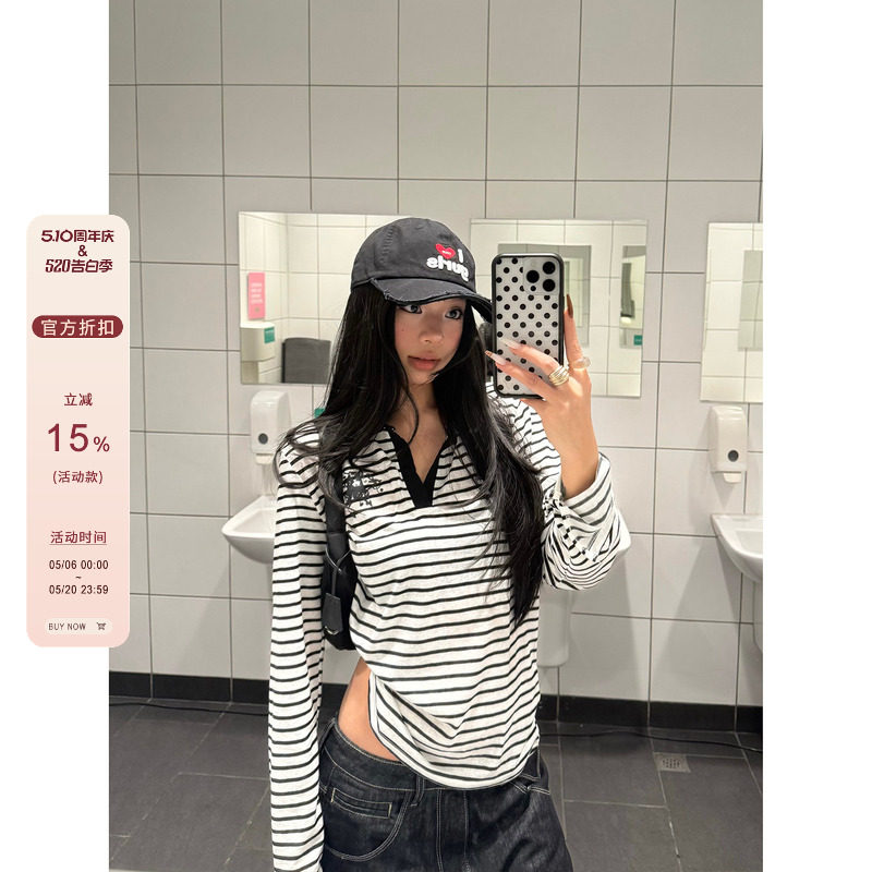 F383 美式复古慵懒感撞色polo翻领条纹长袖t恤女设计感v领上衣ins