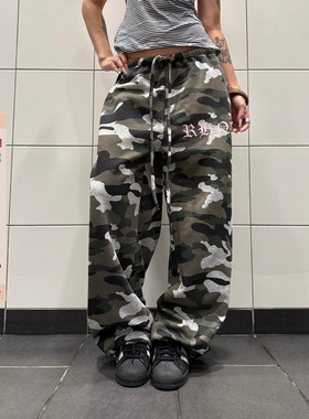 F383 美式复古印花抽绳迷彩运动休闲裤小众宽松阔腿工装卫裤男女