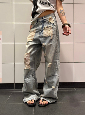 F383 美式复古流苏破洞牛仔裤宽松直筒水洗做旧高街街头阔腿长裤