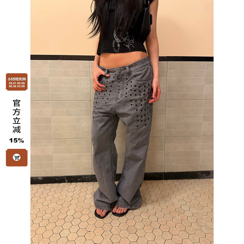 F383 美式复古镂空铆钉设计感牛仔裤男女街头宽松百搭直筒长裤ins