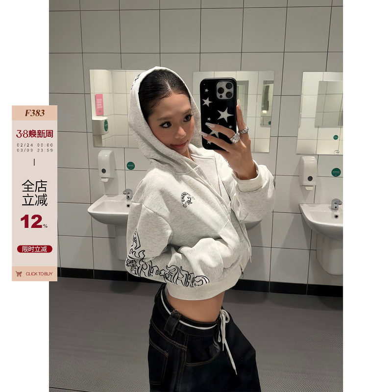 F383 美式复古哥特风字母印花短款开衫卫衣秋季辣妹休闲百搭长袖