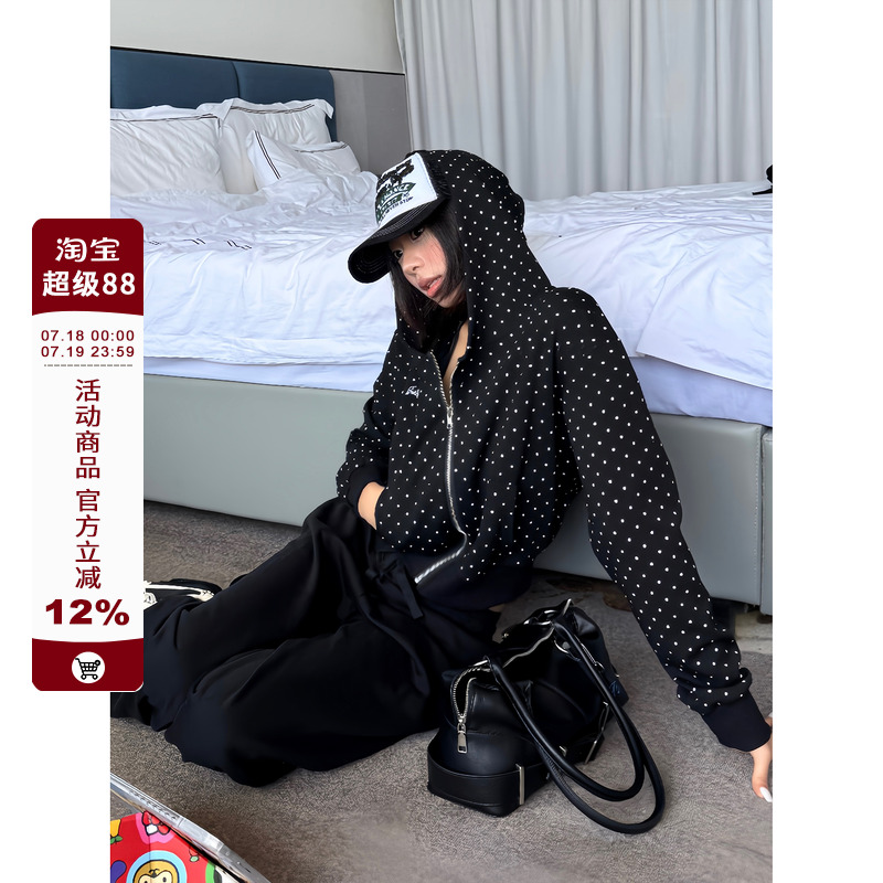 F383 美式复古波点满印连帽短款卫衣辣妹休闲百搭开衫外套女秋款