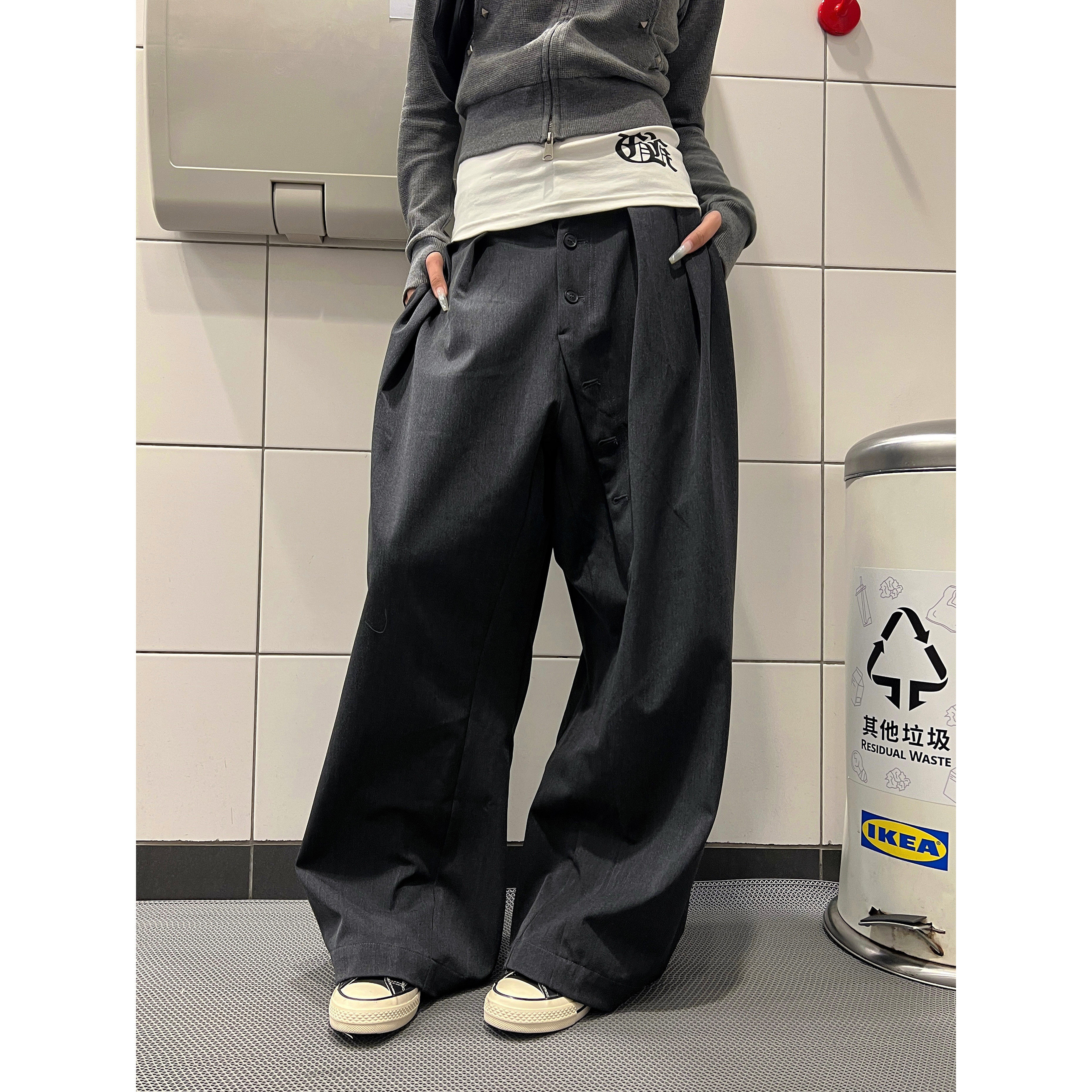 F383 2026美式复古休闲垂坠感纽扣宽松休闲西裤cleanfit风格男女