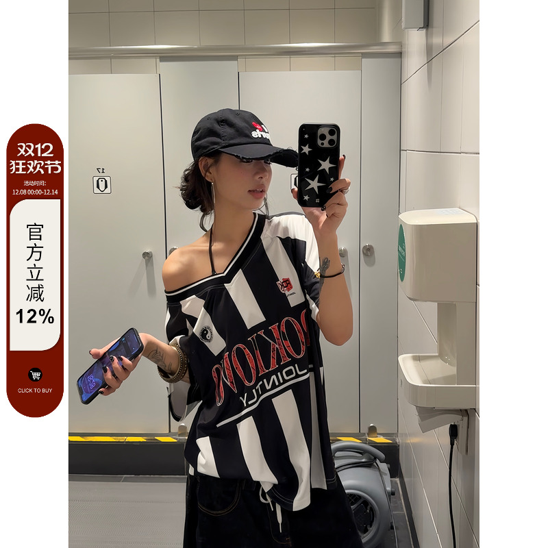 F383美式复古V领球衣短袖