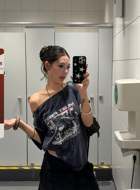 F383 美式复古水洗斜肩印花短袖T恤辣妹显瘦百搭宽松上衣女夏季潮