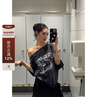 F383 美式复古水洗斜肩印花短袖T恤辣妹显瘦百搭宽松上衣女夏季潮