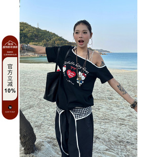 设计感小众撞色上衣T恤女 复古露肩kitty猫印花短袖 F383 2025美式
