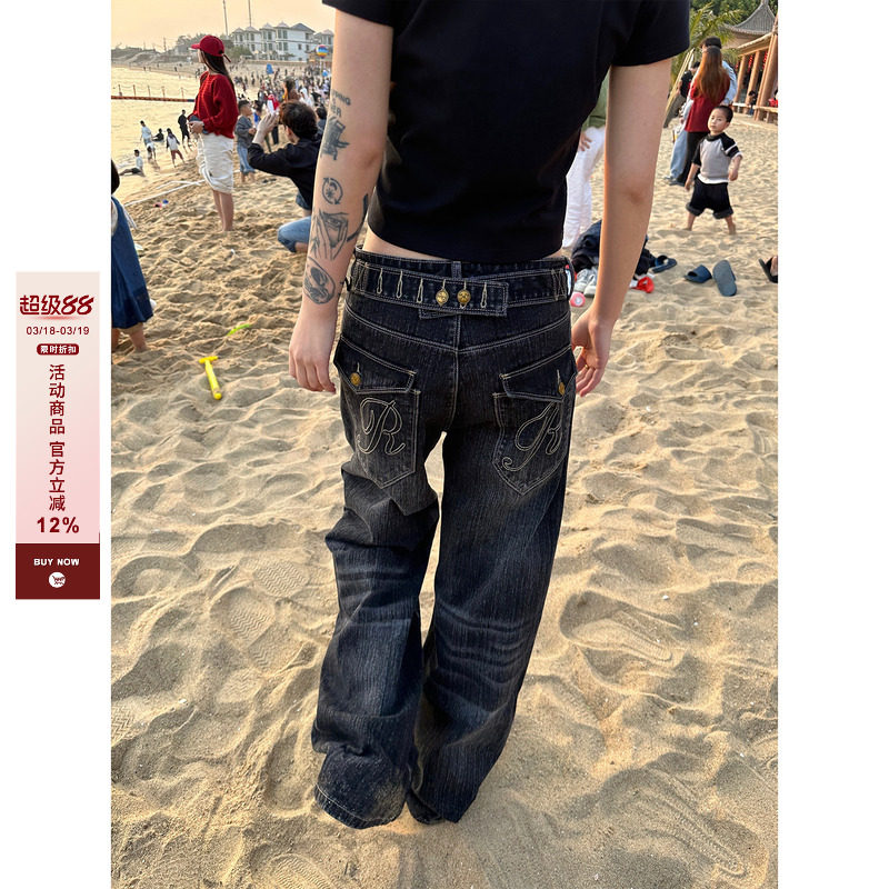 F383 美式复古巴黎扣设计竹节牛仔裤男女水洗直筒宽松百搭长裤ins