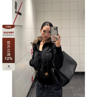 F383 美式复古明线大口袋夹棉毛毛翻领短款工装夹克宽松外套女ins