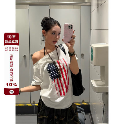 F383 美式辣妹旗帜印花宽松斜肩短袖T恤潮流百搭慵懒风休闲女夏季