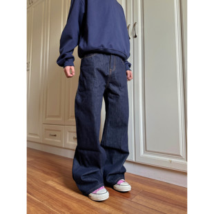 F383 2026美式复古单宁原色阔腿直筒深蓝色牛仔裤cleanfit男女ins