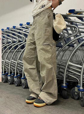 F383 2026美式复古水洗工装裤拉链口袋褶皱设计宽松直筒百搭男女