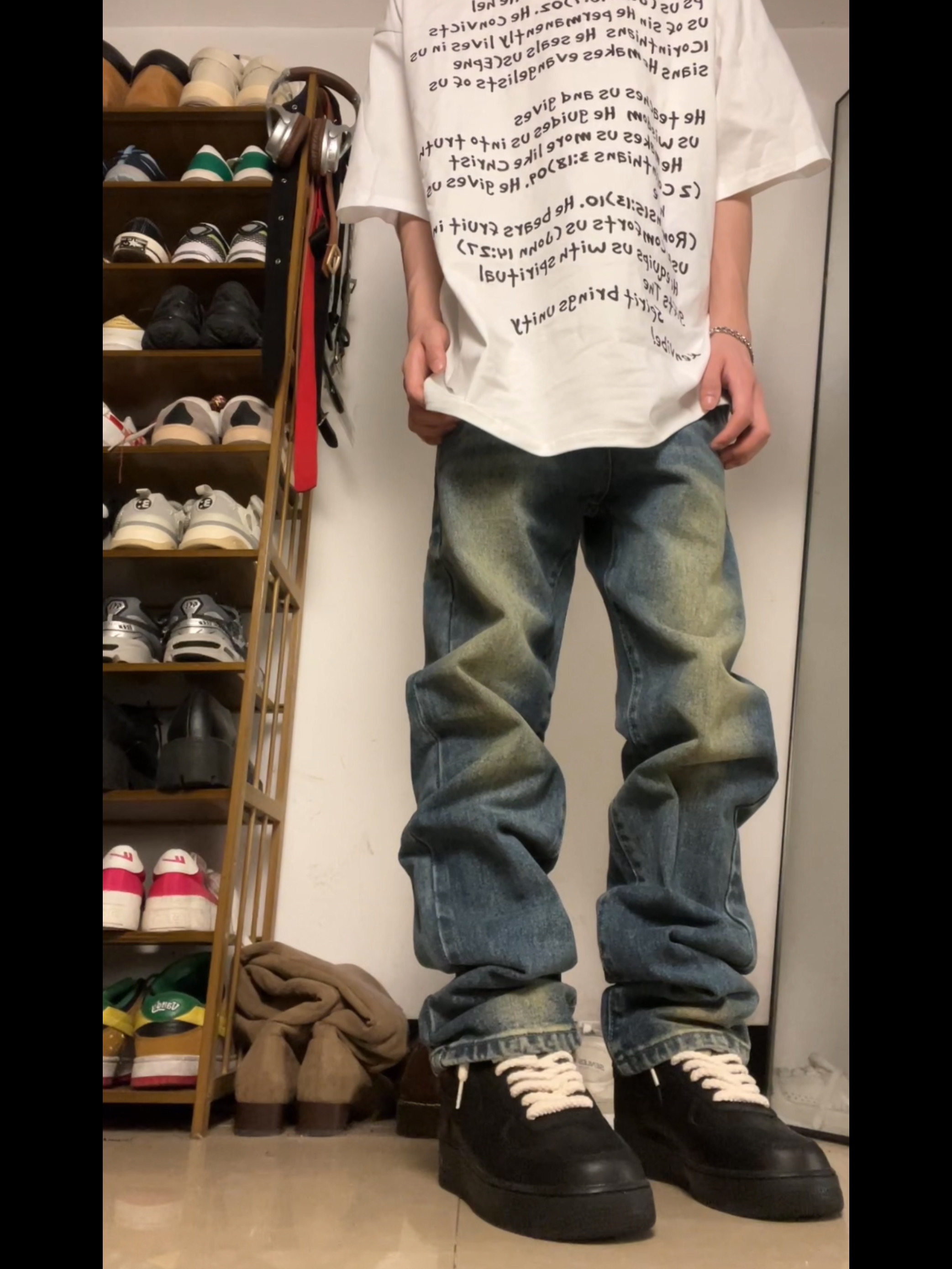 F383 2023AW国潮原创美式复古深蓝色微喇直筒牛仔裤男女百搭长裤