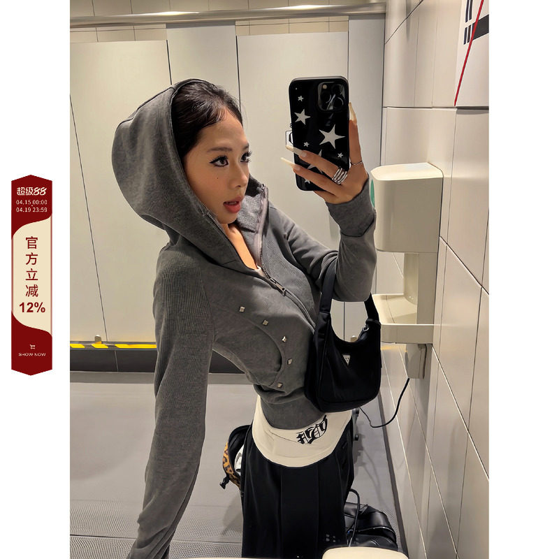 F383 2026美式复古双头拉链开衫修身连帽卫衣春季显瘦短款外套女