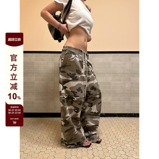 F383 美式复古慵懒风抽绳迷彩工装休闲裤男女宽松阔腿百搭长裤ins