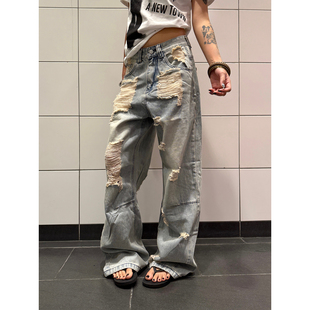 宽松直筒水洗做旧高街街头阔腿长裤 复古流苏破洞牛仔裤 美式 F383