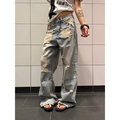 F383美式复古流苏破洞阔腿长裤