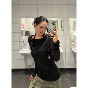 修身 F383 设计感打底衫 复古辣妹挂脖假两件T恤女长款 显瘦上衣 美式