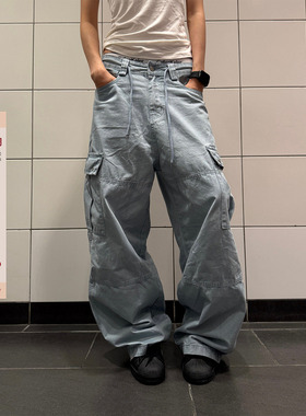 F383 美式复古街头大口袋设计感工装裤男女休闲百搭拖地阔腿长裤
