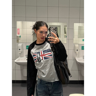 F383 美式复古街头风撞色印花圆领T恤小众宽松休闲百搭打底衫上衣