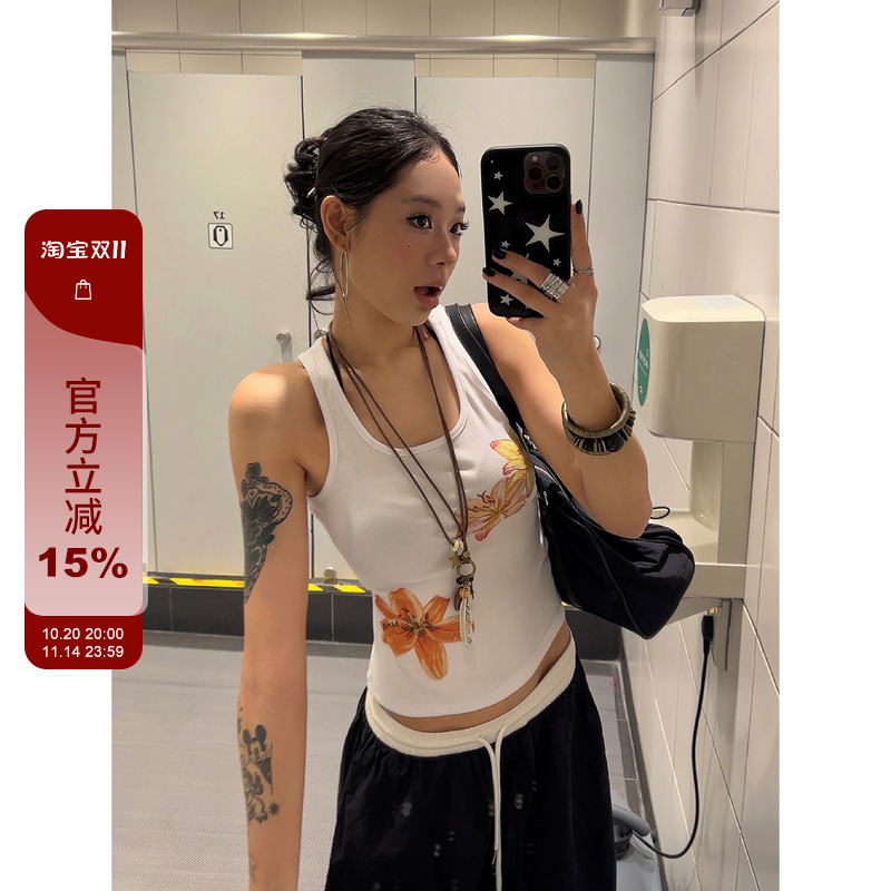 F383 2025美式夏季植物花卉印花工字背心辣妹修身显瘦休闲上衣ins