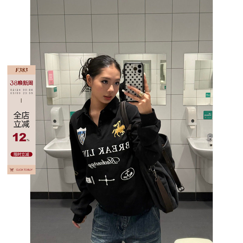 F383 美式复古翻领潮牌印花长袖POLO衫男女宽松街头风情侣T恤上衣