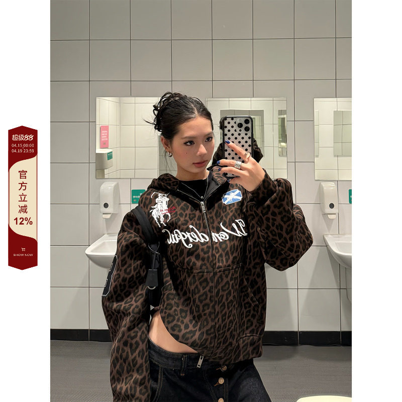 F383 美式复古豹纹贴布刺绣印花连帽卫衣宽松boxy开衫外套男女ins