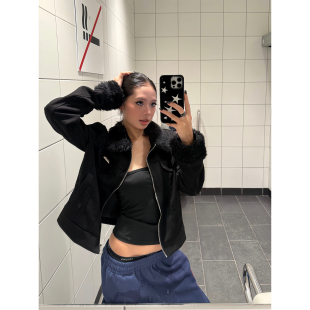 子毛毛设计修身 F383 毛领拉链外套袖 复古短款 百搭显瘦女ins 美式