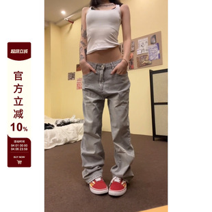 复古美式 F383 2024AW国潮原创水洗烟灰色弹力牛仔裤 男女款 直筒裤