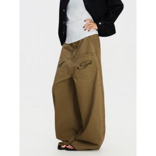 男女宽松弯刀休闲裤 F383 裤 复古反穿口袋设计刺绣阔腿工装 ins 美式