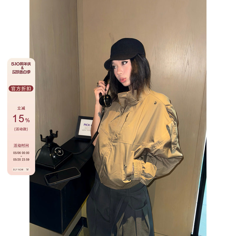 F383 美式复古酷飒风短款立领夹克外套女设计感高级感小众风衣ins