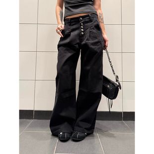 男女宽松休闲百搭长裤 复古设计感明线双褶排扣牛仔裤 ins 美式 F383
