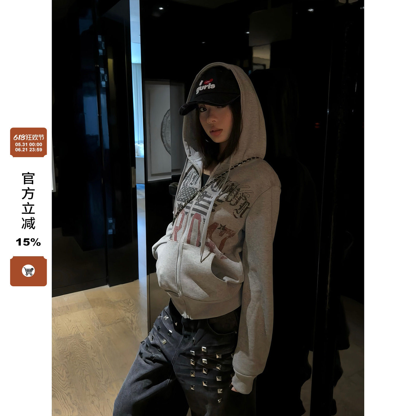 F383 美式复古街头字母印花连帽卫衣男女加绒潮牌情侣帽衫外套ins