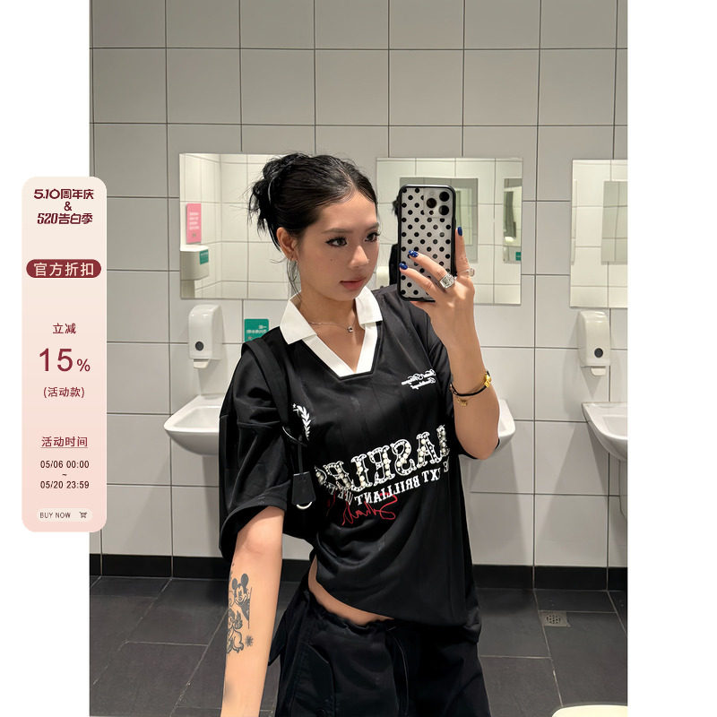 F383 美式复古松弛感polo半袖T恤男女设计感钉珠字母印花V领短袖