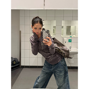 T恤女宽松显瘦百搭打底衫 复古半开襟亨利领印花长袖 上衣 美式 F383